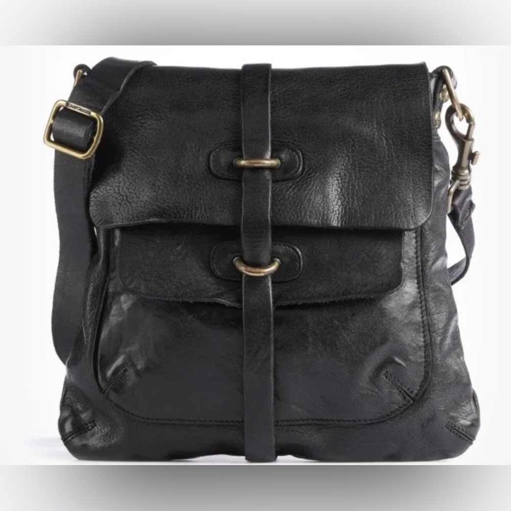 Campomaggi Classic Small Black Leather Bandolier W/Double Flap Crossbody Bag